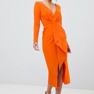ASOS Long Sleeve Water Fall Deep Plunge Midi Dress